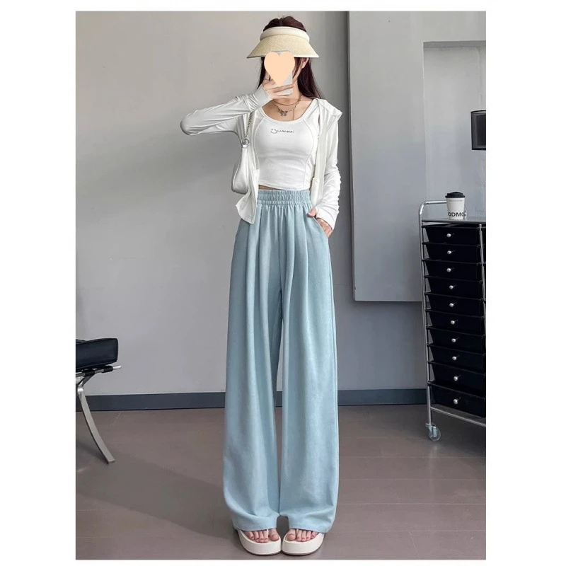 夏季女士白色软糯奶芙风高腰宽松显瘦垂感直筒阔腿休闲遛弯薄款山