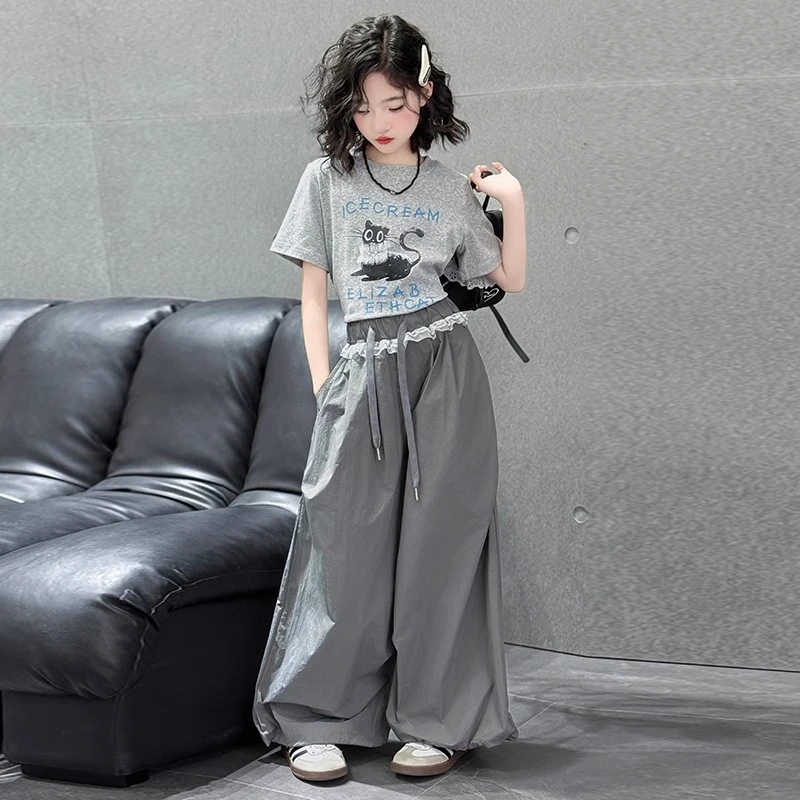 女童工装裤套装夏装2025新款洋气儿童潮酷女大童短袖阔腿裤两件套