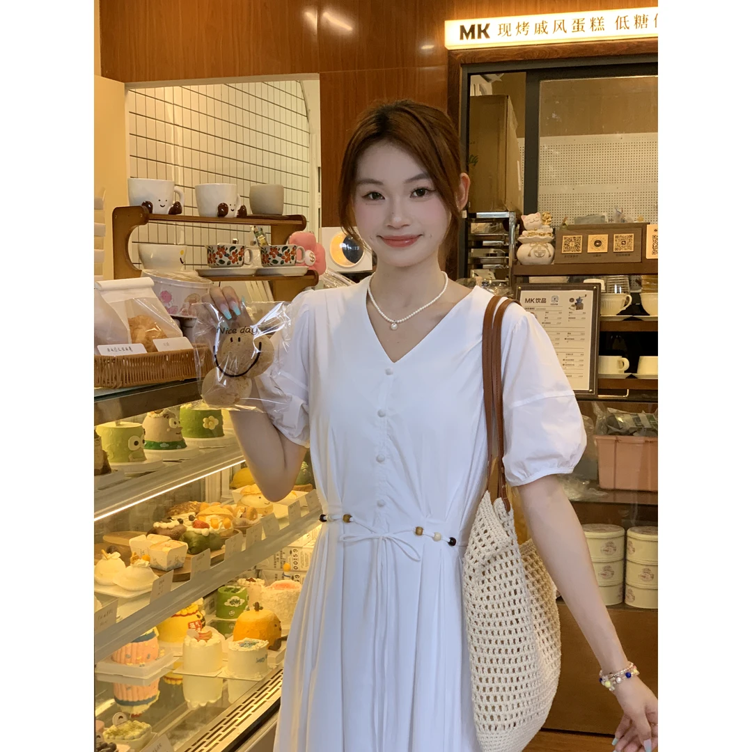 法式连衣裙女泡泡袖设计串珠小众夏季长裙洋气时髦温柔裙子爆款