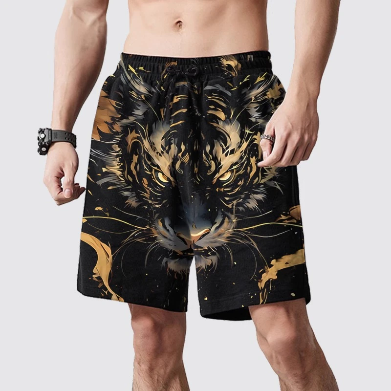 老虎印花短裤男士五分裤薄款宽松休闲裤户外沙滩裤大码半裤子夏季