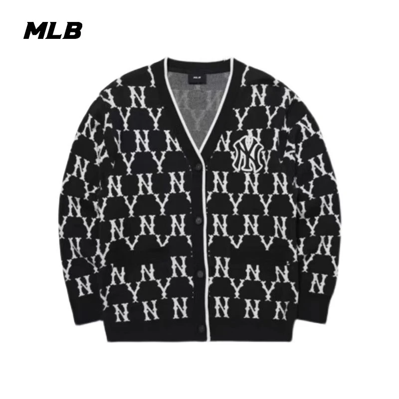 MLB男女毛衣外套NY满标老花V领休闲情侣款针织开衫上衣专柜正品
