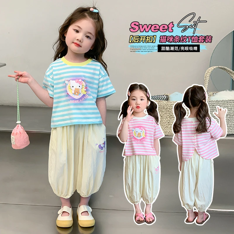 女童条纹短袖套装洋气儿童夏季新款女宝宝防蚊裤两件套小女孩时髦