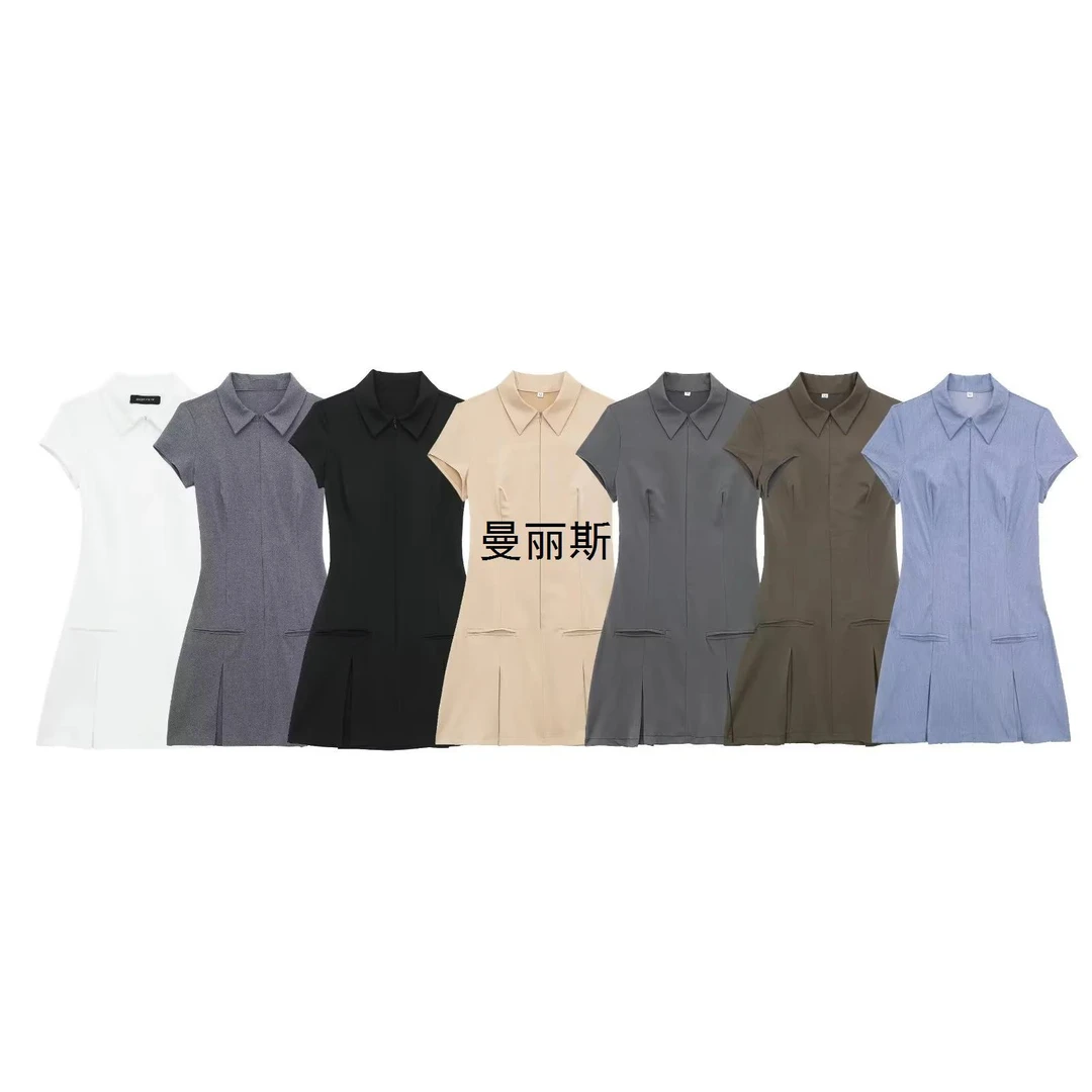 外贸跨境批发货源欧美风2024春季新款女装修身纯色宽褶短连衣裙