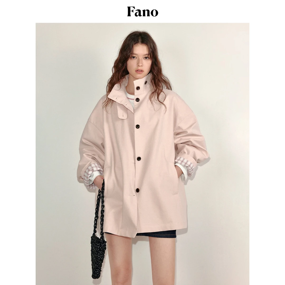 【现货】范洛Fano 奶油蜜桃粉袖里撞格短风衣外套女设计感春新款