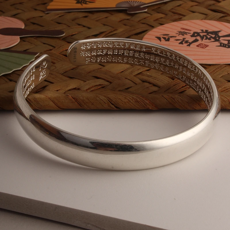 足银银制品 足银999.9开口实心贵妃心经银手镯简约经典百搭礼物