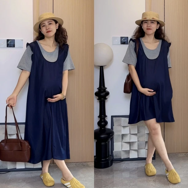 梨形身材穿的夏季新款韩系假两件拼接宽松显瘦遮肚中长款连衣裙
