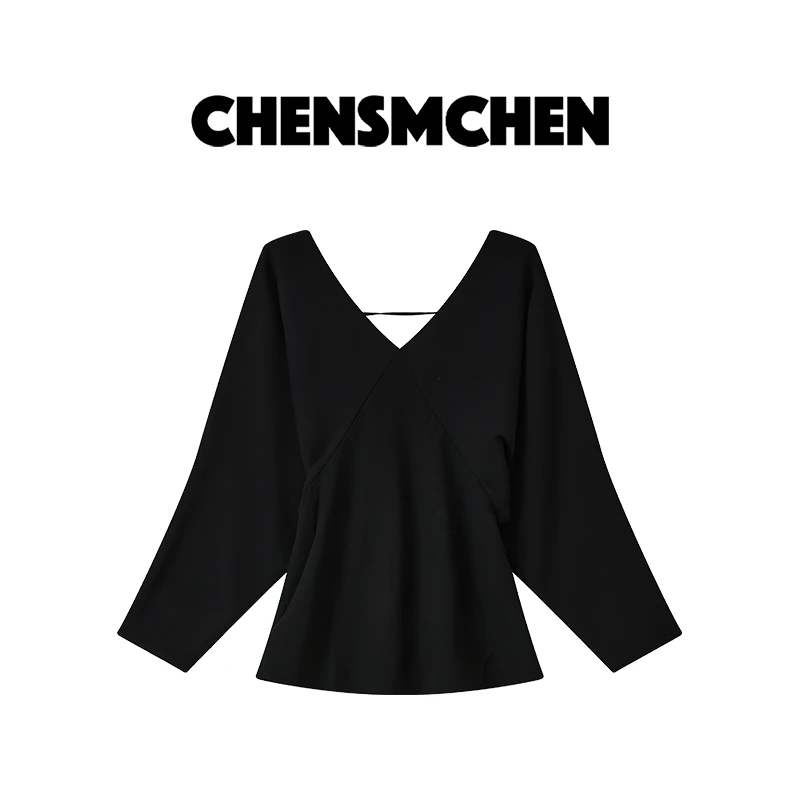 CHENSMCHEN 醋酸大V领长袖衬衫女春季百搭宽松收腰上衣CSC2020SL