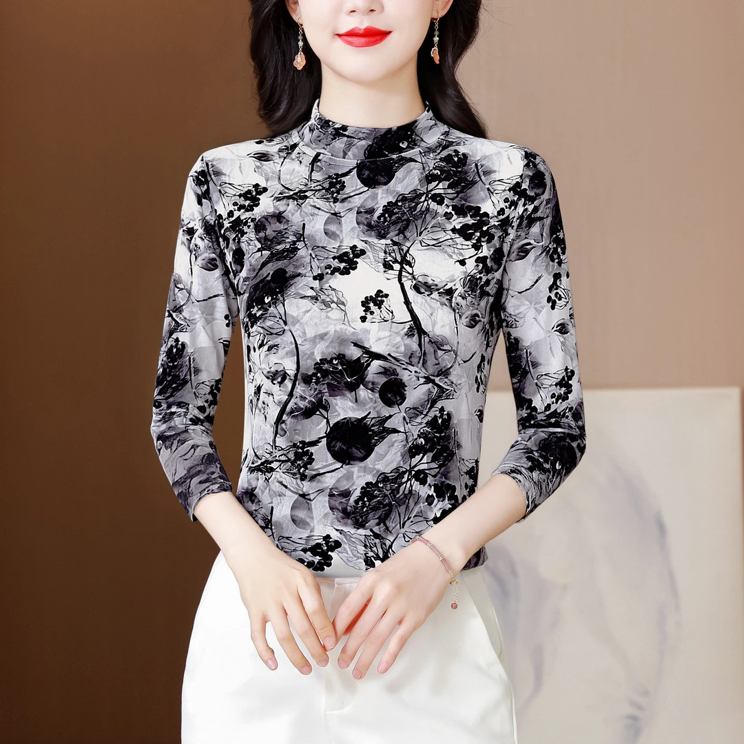 水墨画半高领丝绒打底衫女秋冬修身内搭长袖T恤时髦洋气妈妈上衣