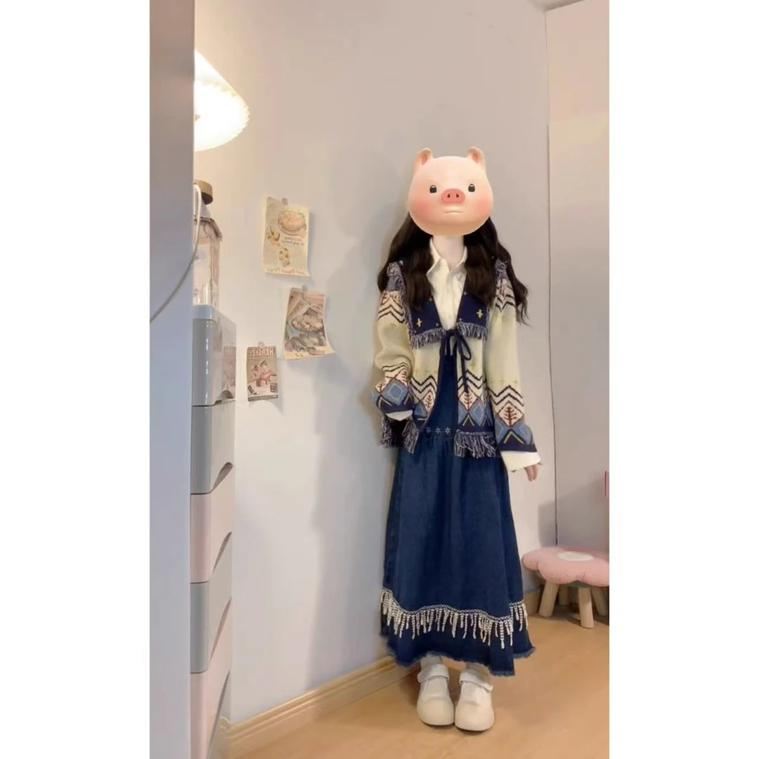 甜美温柔费尔岛套装女秋冬流苏毛衣外套刺绣衬衫牛仔半身裙三件套