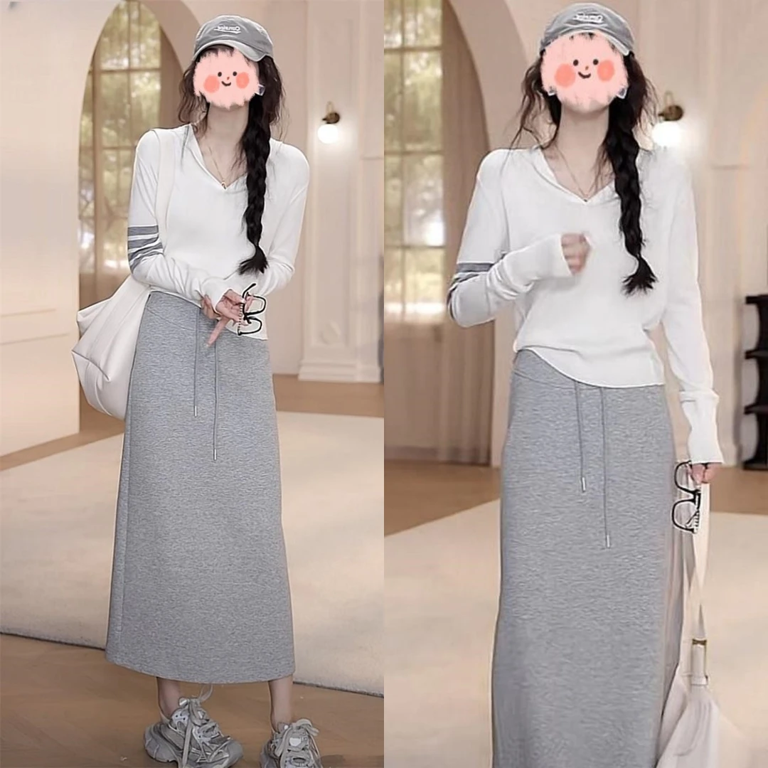 早春网红四条纹针织帽衫长袖T恤女高腰显瘦抽绳半身卫裙绝美套装