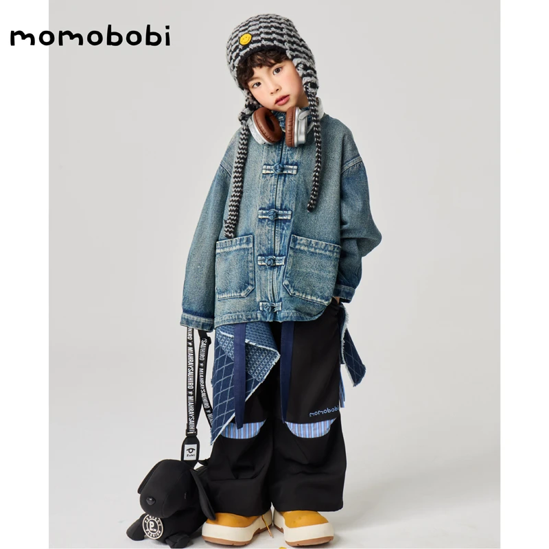 momobobi自制童装新中式盘扣牛仔外套气质立领做旧学生国风上衣潮