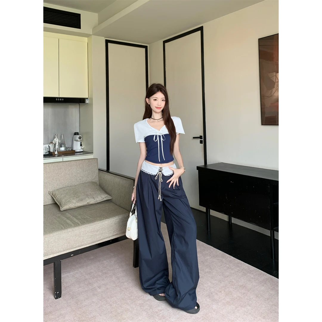 2025夏季新款时尚百搭宽松阔腿裤小众设计拼接短袖T恤时尚套装女