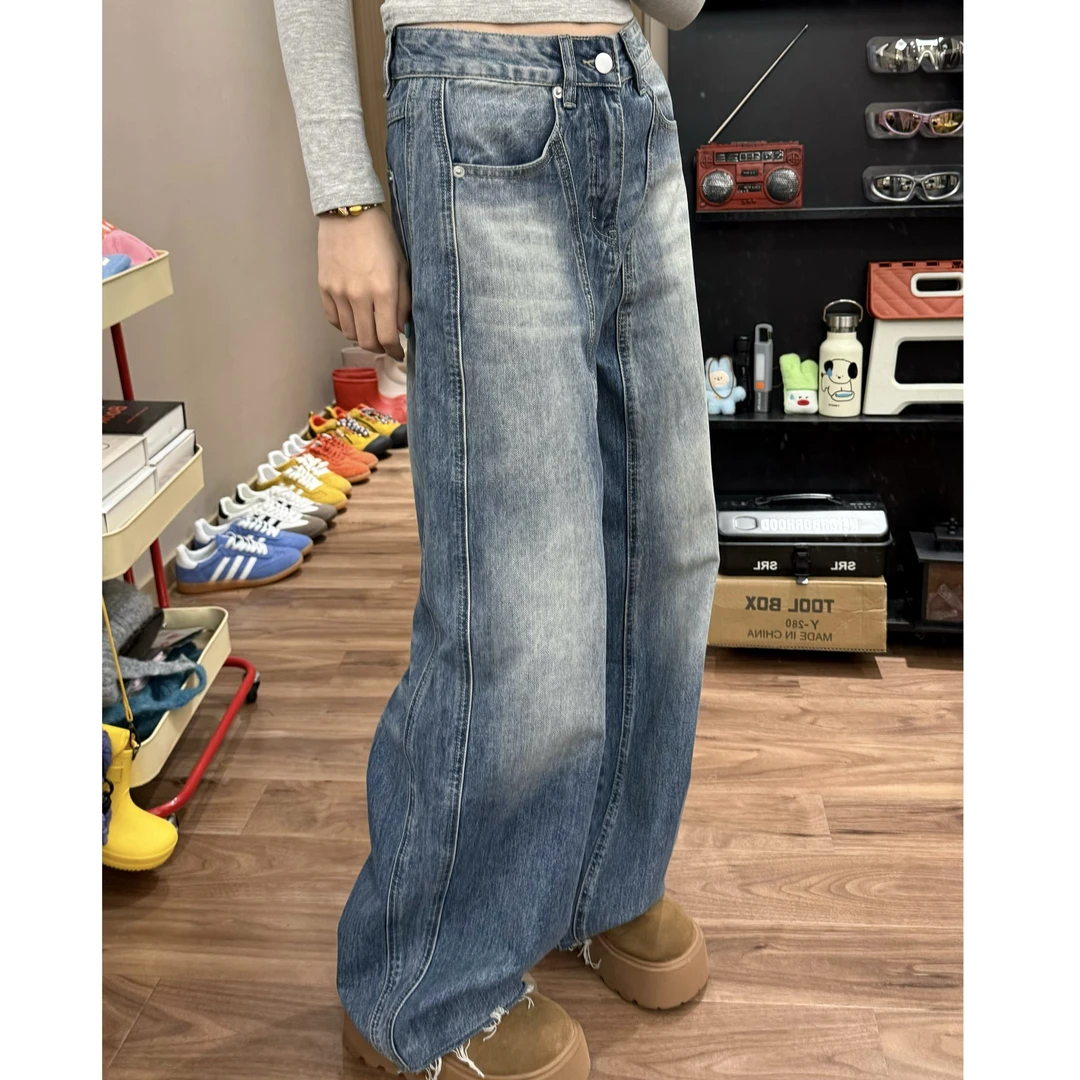 【MKK专属】水洗牛仔裤女秋季美式阔腿低腰直筒宽松牛仔裤