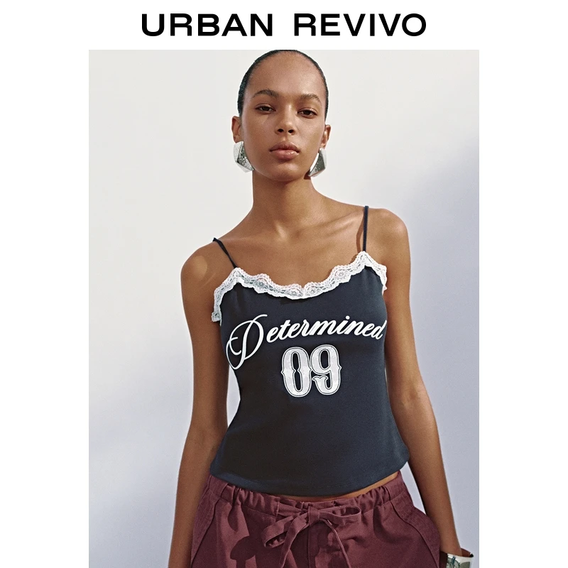 UR2025秋季新款女复古运动风印花拼接蕾丝吊带背心UYV450188+