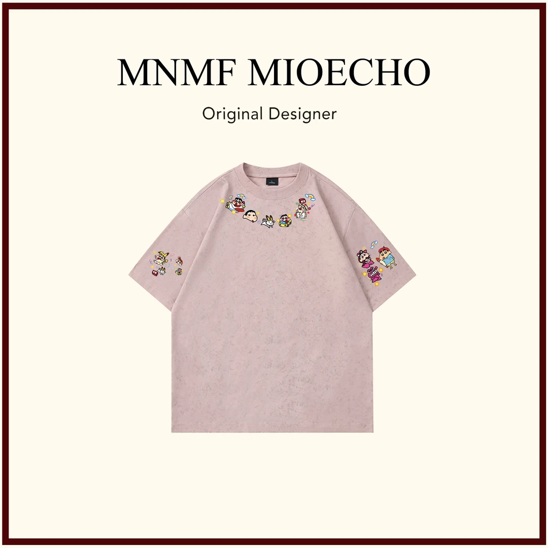 mnmf重磅纯棉粉色扎染蜡笔小新印花圆领短袖T恤夏季宽松显瘦上衣