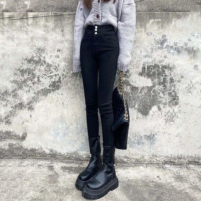 053 加绒高腰小脚弹力牛仔裤女秋冬修身显瘦铅笔裤