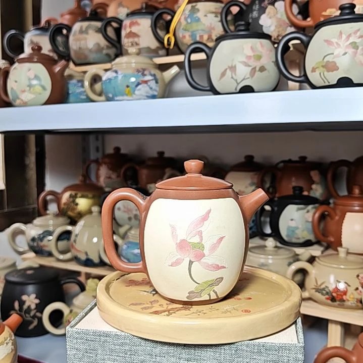 建水紫陶多道彩填茶壶