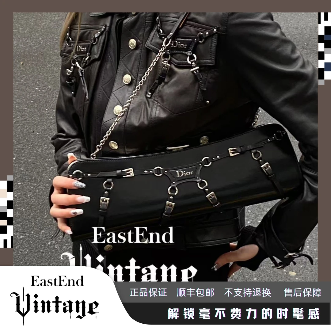 95新 DIOR/迪奥 東区-黑银皮面绑带Punk单肩包/04211时尚休闲百搭