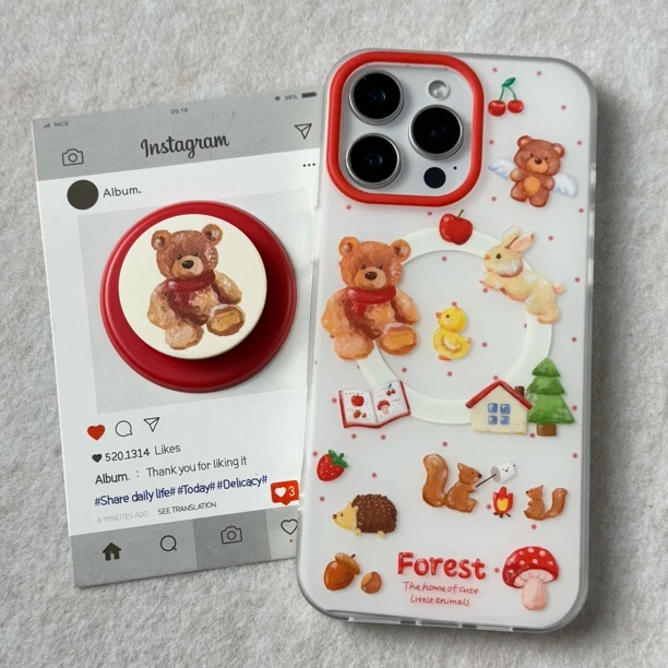 卡通油画红围巾小熊磁吸磨砂手机壳适用苹果华为多款可爱设计