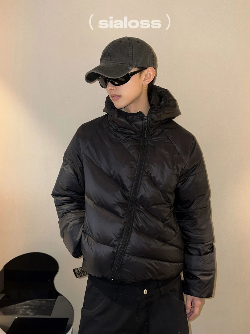 Sialoss短款斜纹排骨羽绒服男款2025冬季短款轻薄保暖宽松外套