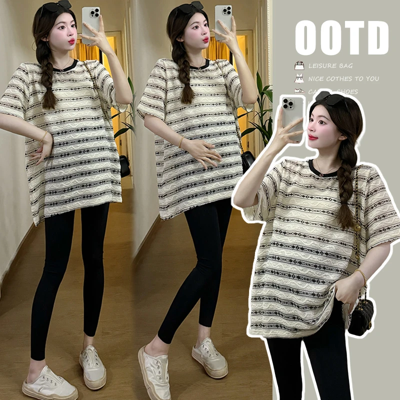 设计感孕妇上衣夏季新款韩版条纹孕妇T恤宽松大码中长款百搭衫潮