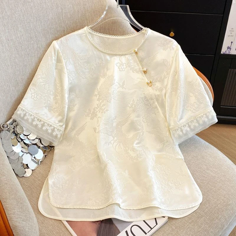2025年时尚新款缎面上衣夏季短袖斜襟提花衬衫新中式国风女士小衫