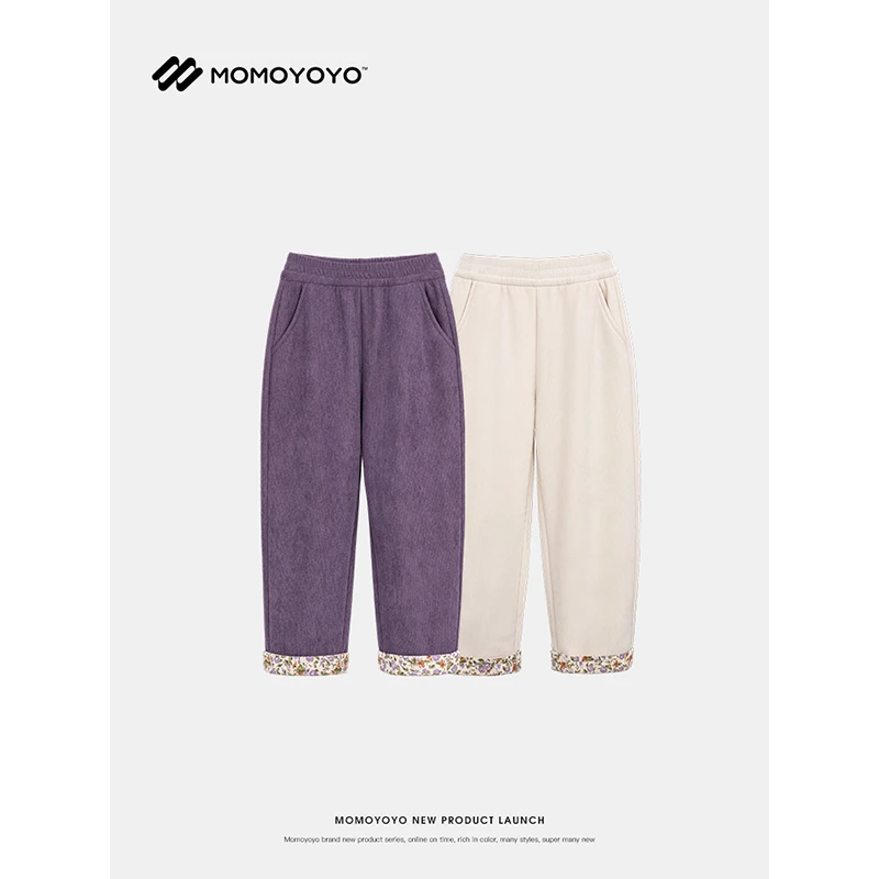 辰辰妈【风铃】儿童百搭时尚秋冬女童加绒碎花翻边灯芯绒裤 7133D