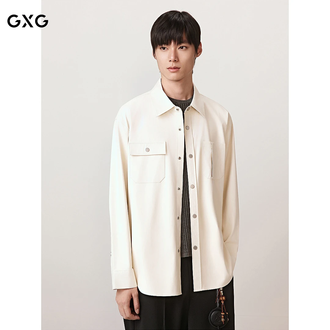 GXG男装 米白简约休闲翻领长袖衬衫男士秋季G24X033013