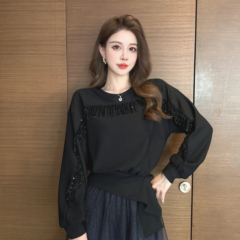 【MiNi推荐】韩版时尚高级圆领套头流苏拼接长袖卫衣JE2067