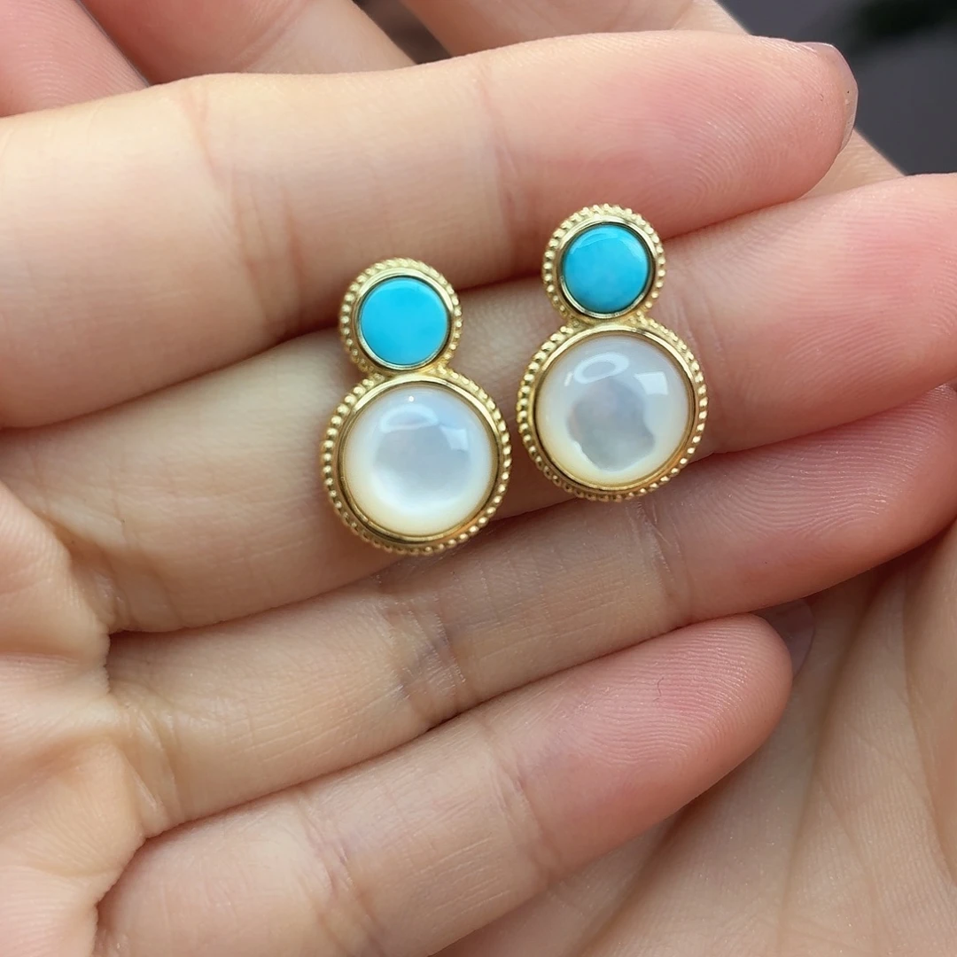 银S925镀金镶嵌绿松石耳饰