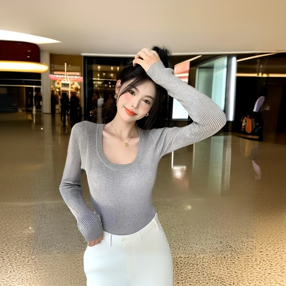 法式复古高级感低圆领秋冬针织打底衫女长袖内搭毛衣修身显瘦上衣