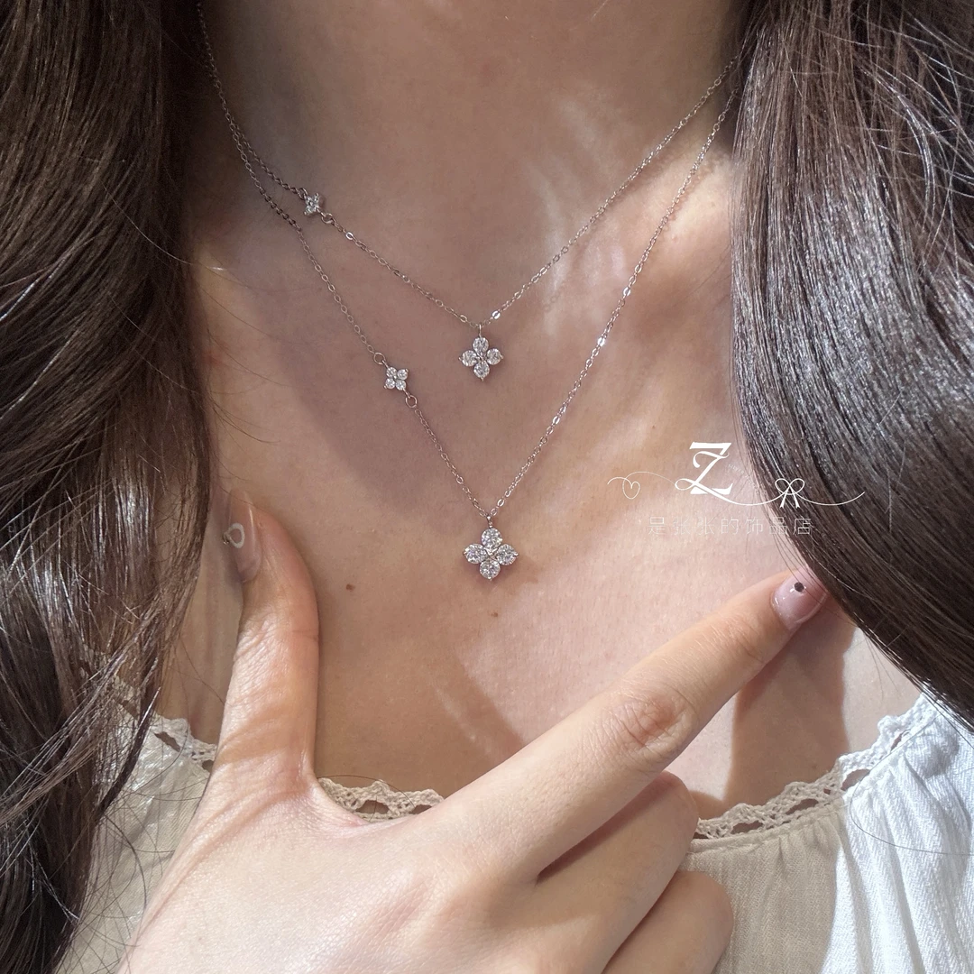 坠链均足银合成锆石 足银999 四叶草镶钻项链 轻奢高级感小众