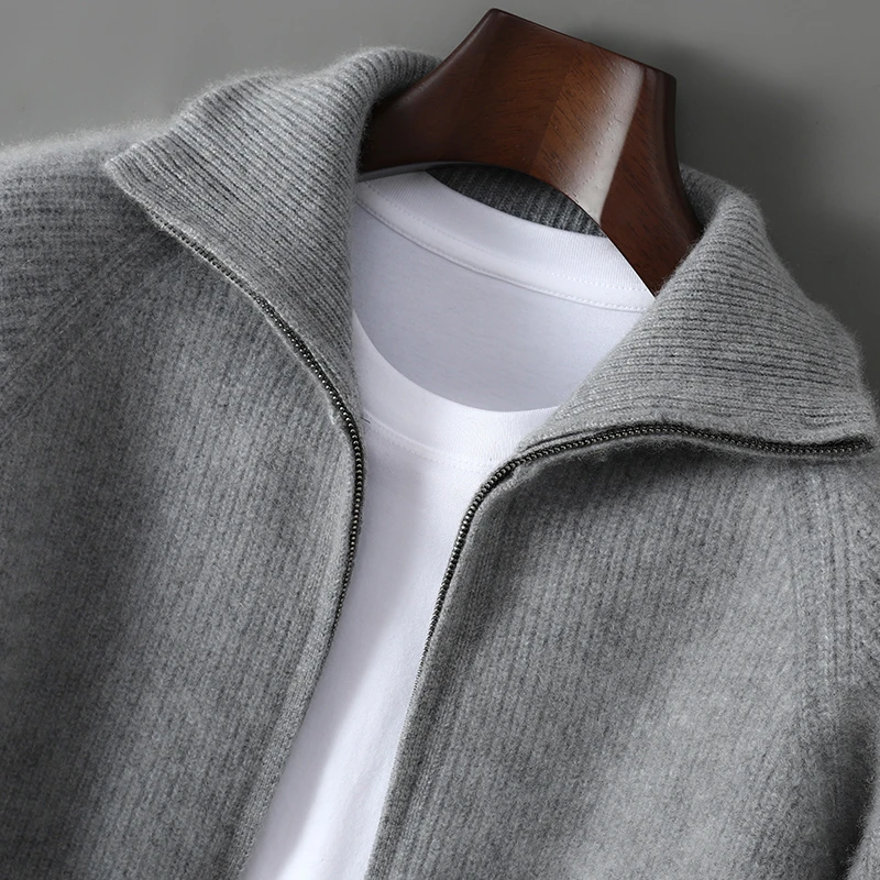 男士加厚纯羊毛拉链开衫秋冬款宽松翻领毛衣外套休闲商务针织上衣