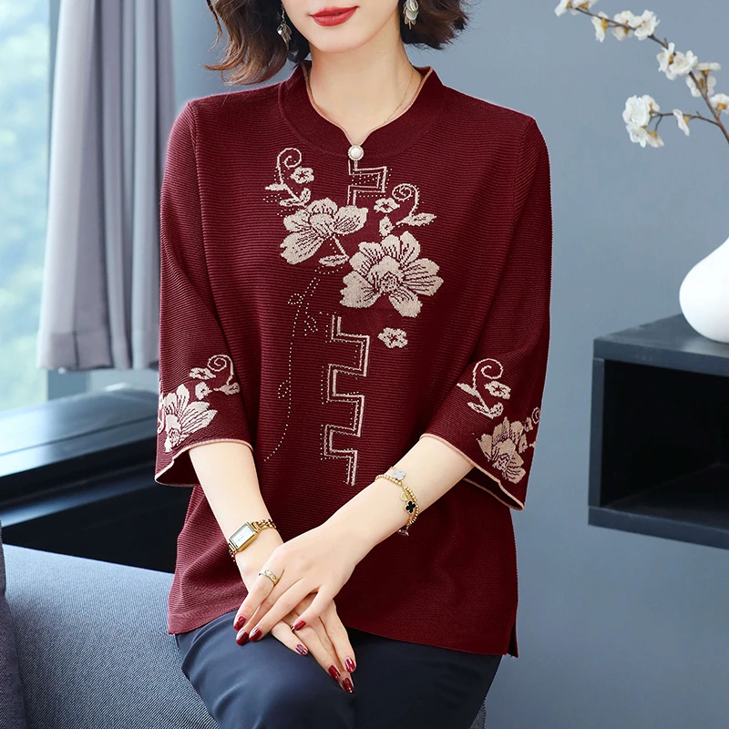 中年妈妈春装女款2025年新款中袖上衣女七分袖高端t恤中国风提花