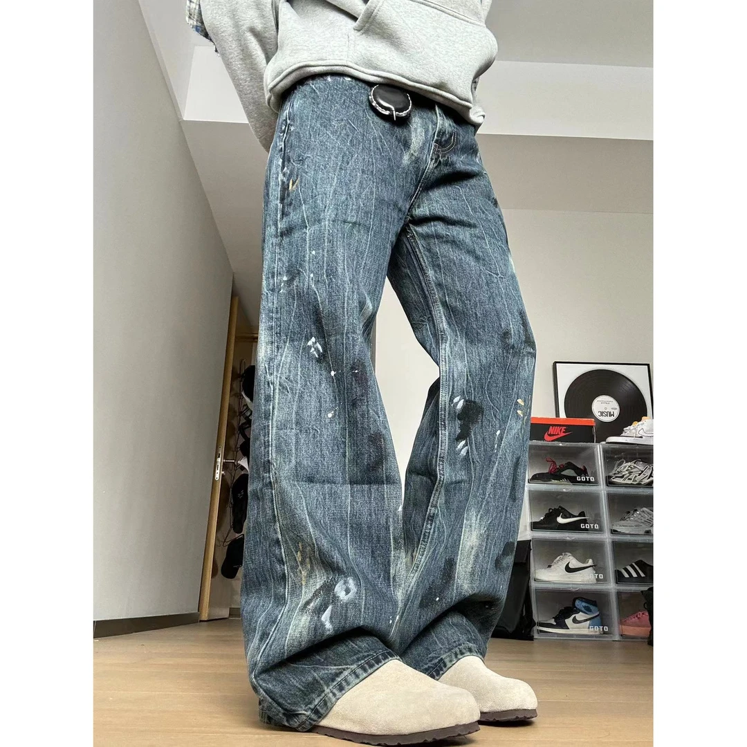 美式复古泼墨显瘦男女高街休闲腰带cieanfit牛仔裤百搭直筒