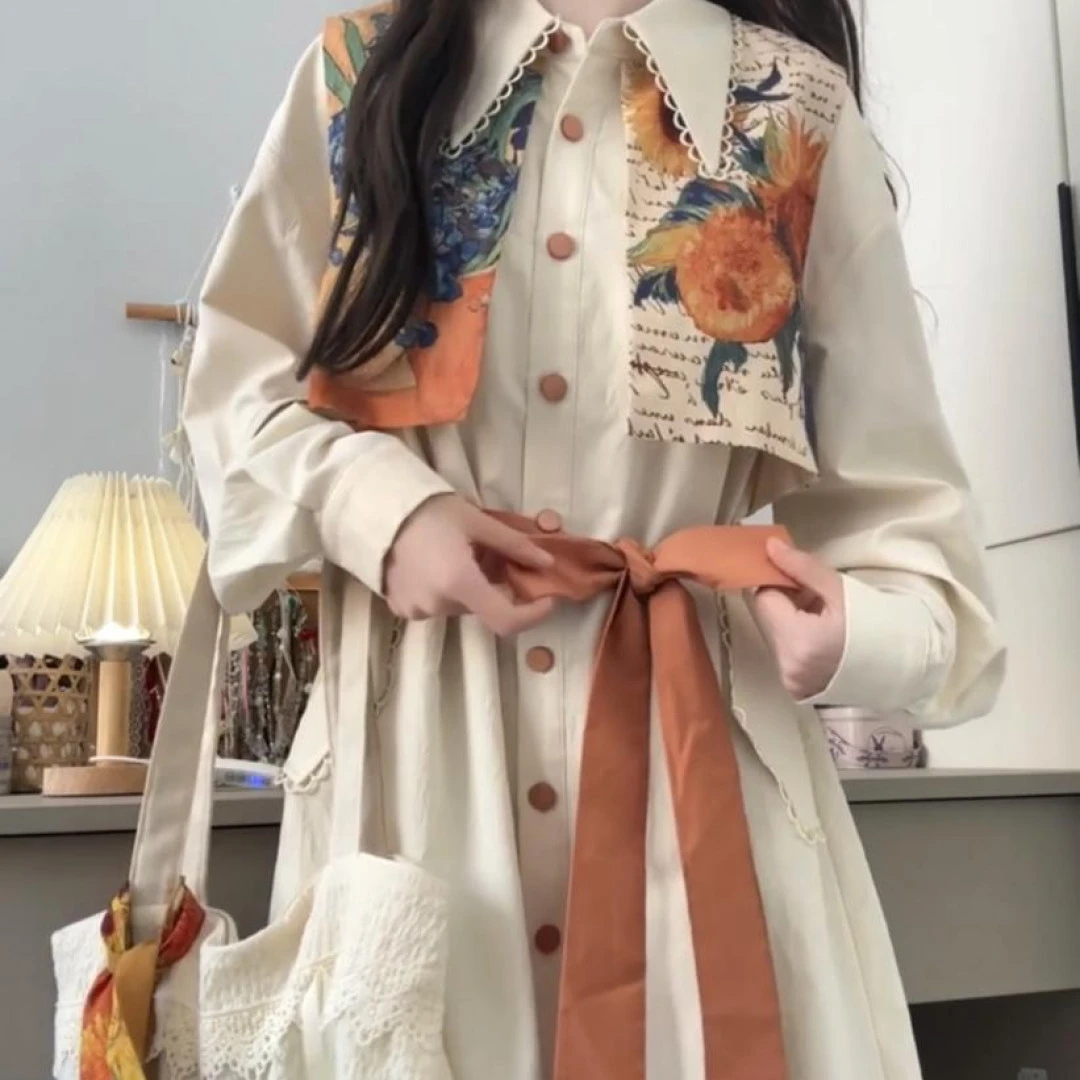 新中式国风印花拼接衬衫连衣裙女春2025新款独特漂亮法式收腰长裙