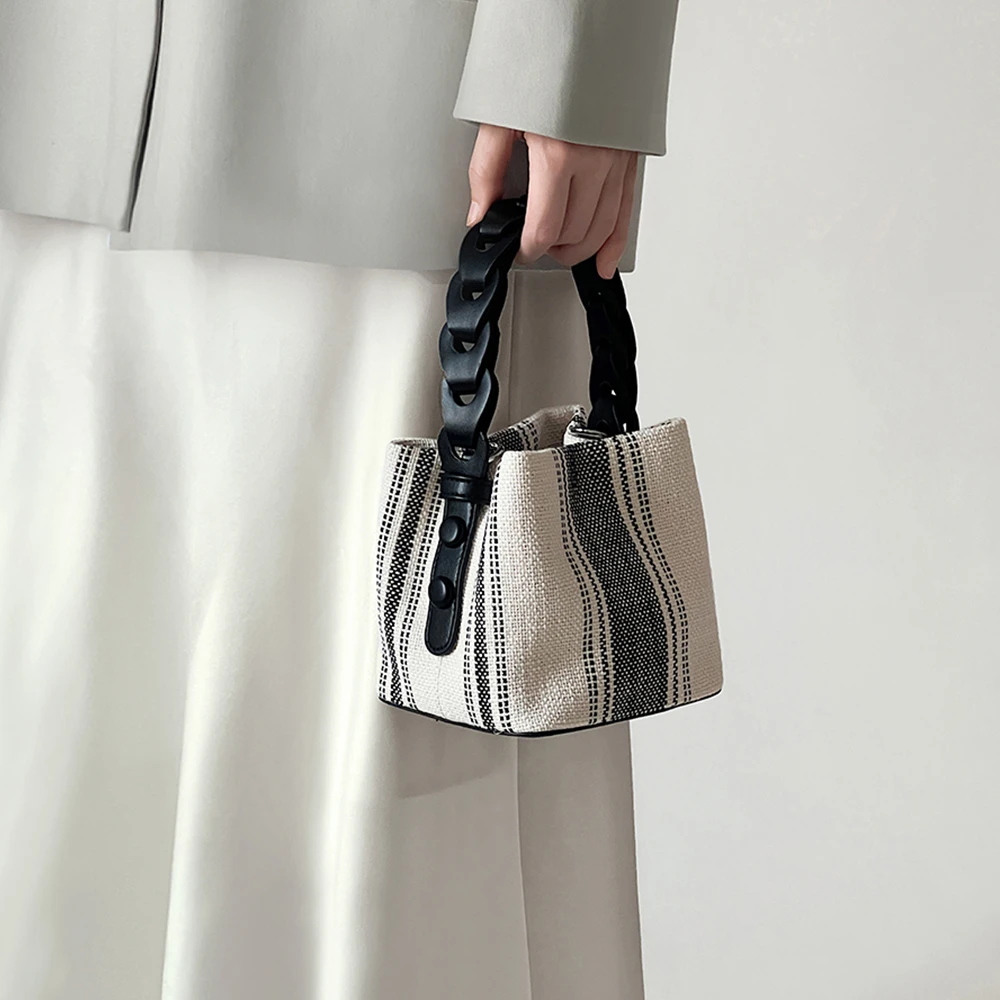 DOUBLE.R【费尔岛】 原创·条纹帆布水桶包 2025新款包 单肩斜挎包女