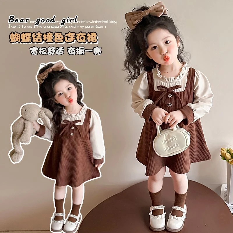 女童裙子假两件套2025春季新款韩版连衣裙洋气公主裙春秋长袖裙子