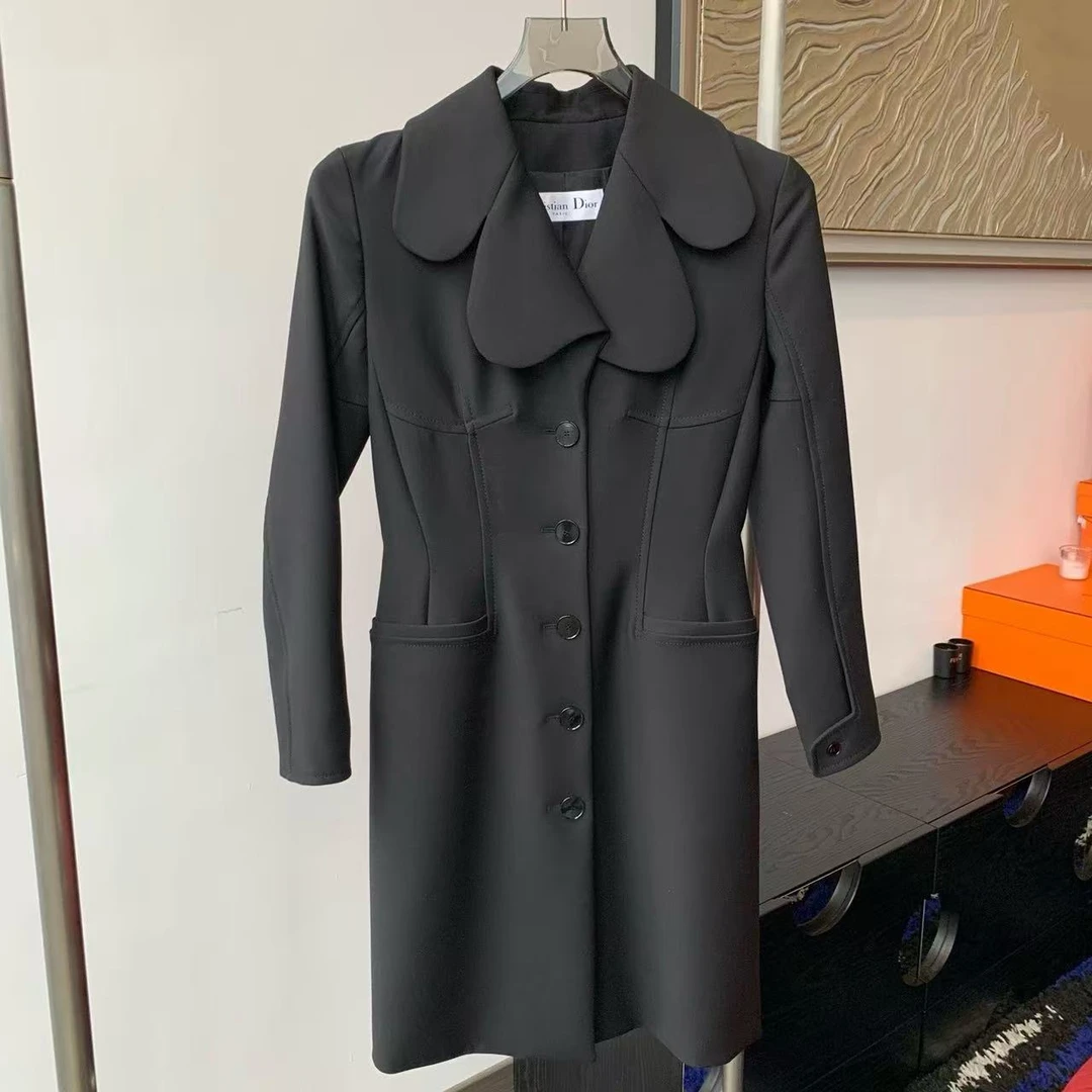 99新 DIOR/迪奥 黑色荷叶领中长款休闲外套34码