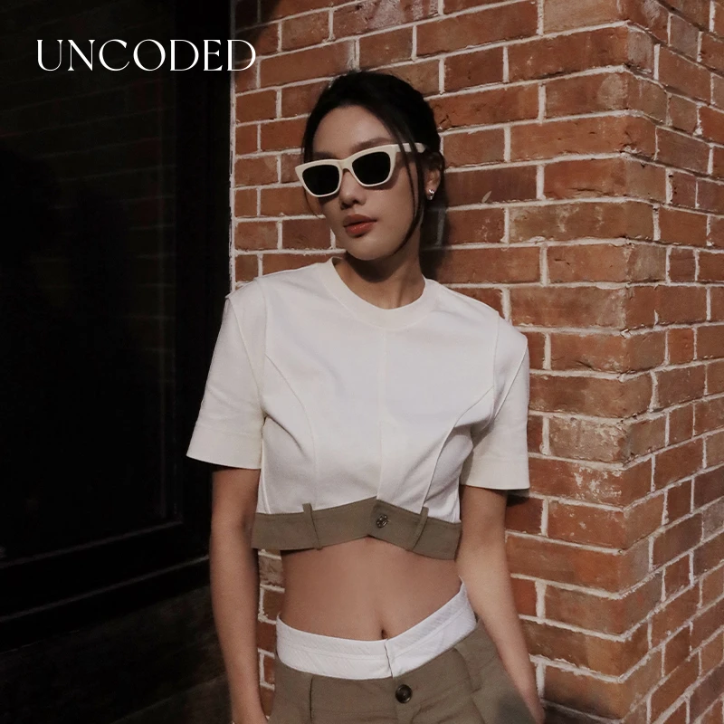 UNCODED 白色解构主义拼接下摆设计短款T恤时尚性感显瘦KWFR1T060