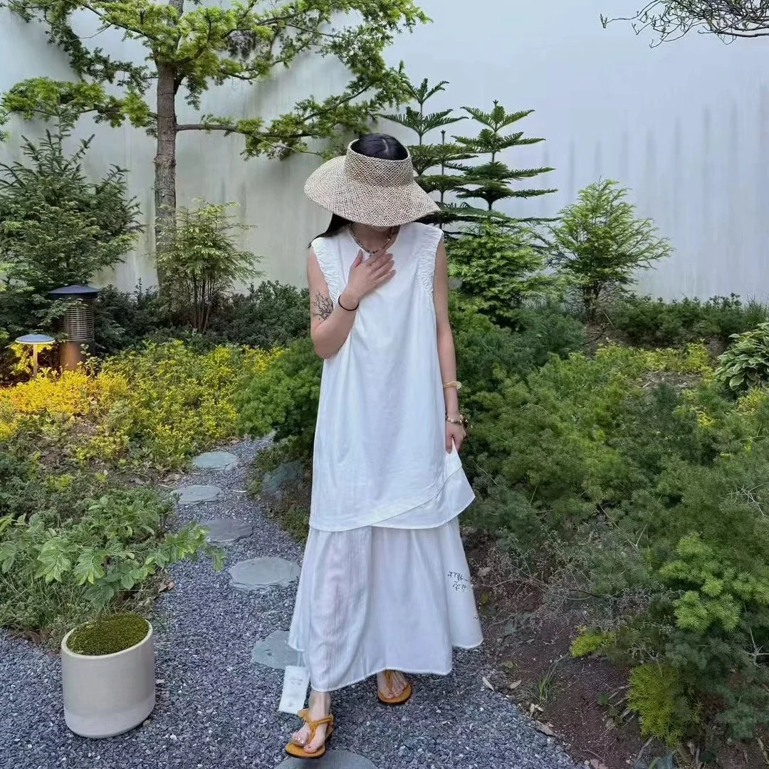 夏季小众不规则纯色无袖大摆连衣裙韩系简约百搭长裙女