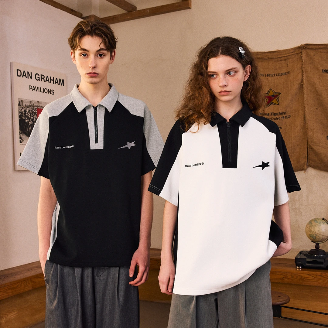 【RASS直播专属】撞色拼接polo衫情侣夏季插肩短袖国潮牌翻领男透气
