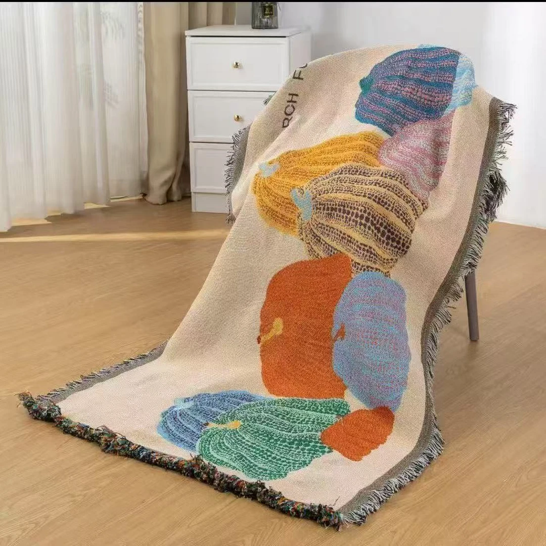 【铭哥家】清新亚麻沙发巾南瓜印花双面流苏通用沙发垫-南瓜垫