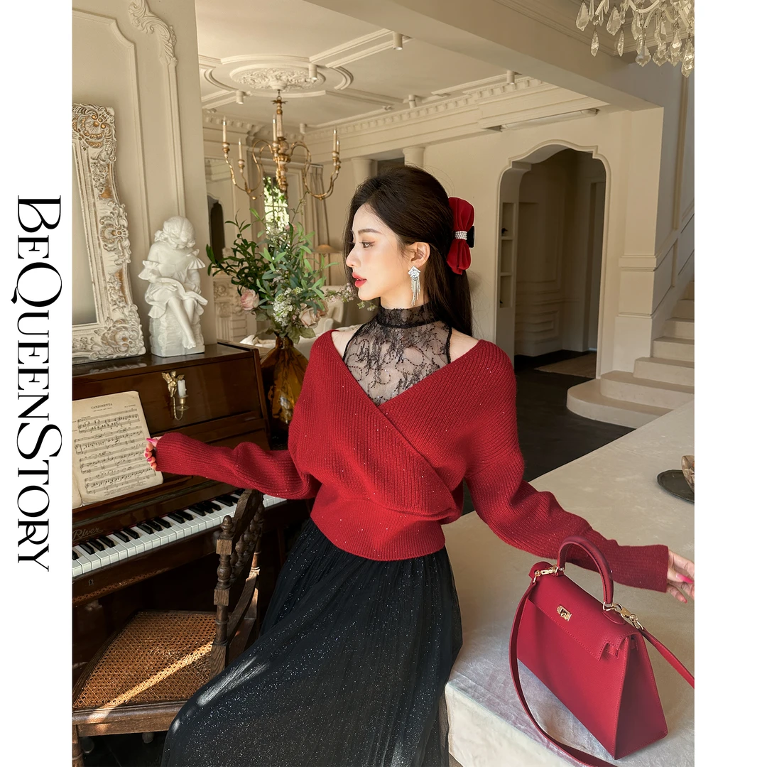 余潇潇【落跑精灵】100羊毛拼接珠片蕾丝网纱假两件羊毛衫