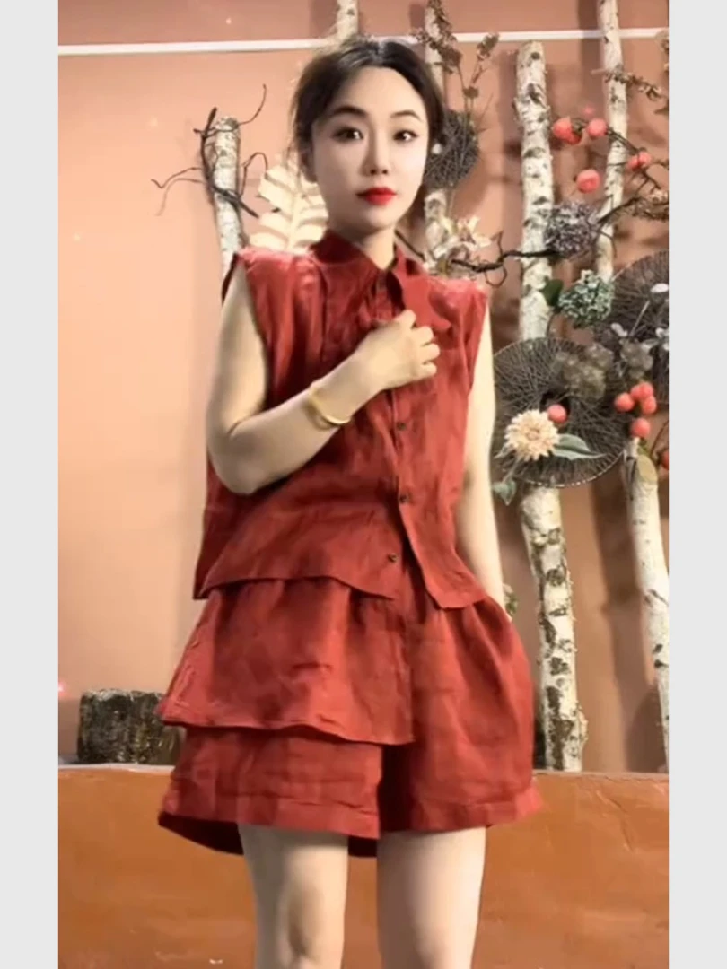 2025夏季爆款巨好看的宽松红色衬衫短裤多巴胺穿搭一整套显高显瘦
