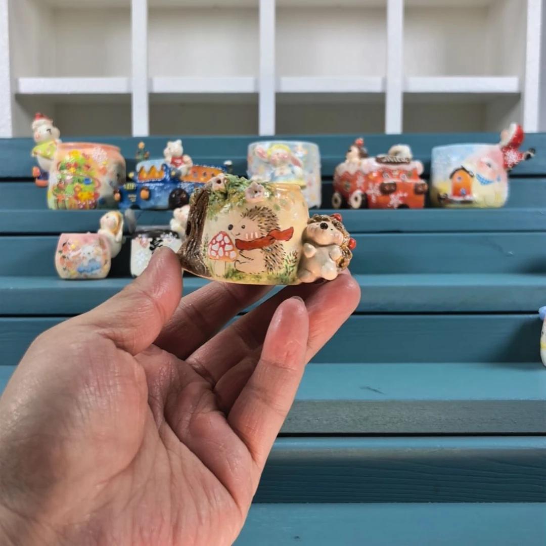 蘑菇小刺猬 手绘多肉花盆