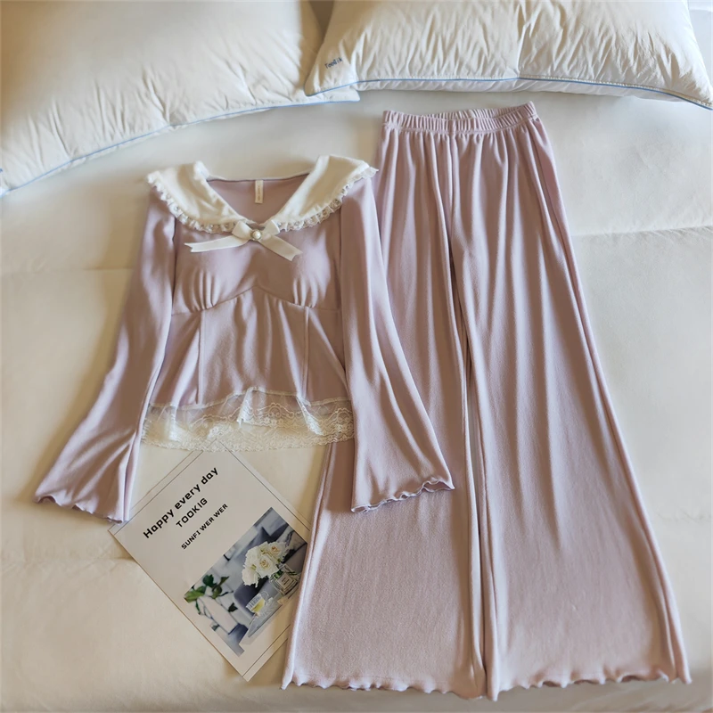 METINBARLEN密汀巴灵睡衣女冬季加绒保暖甜美风带胸垫家居服套装