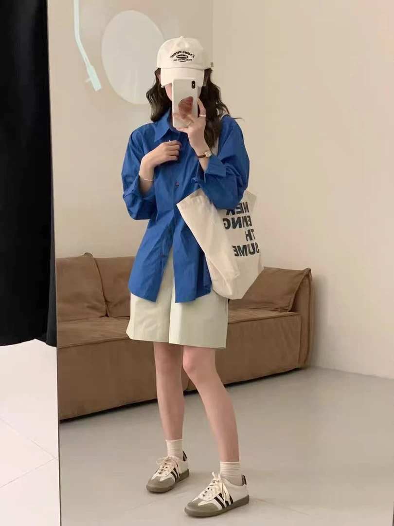 01号-99号克莱因蓝色衬衫女2025春季设计小众复古韩版宽松衬衣