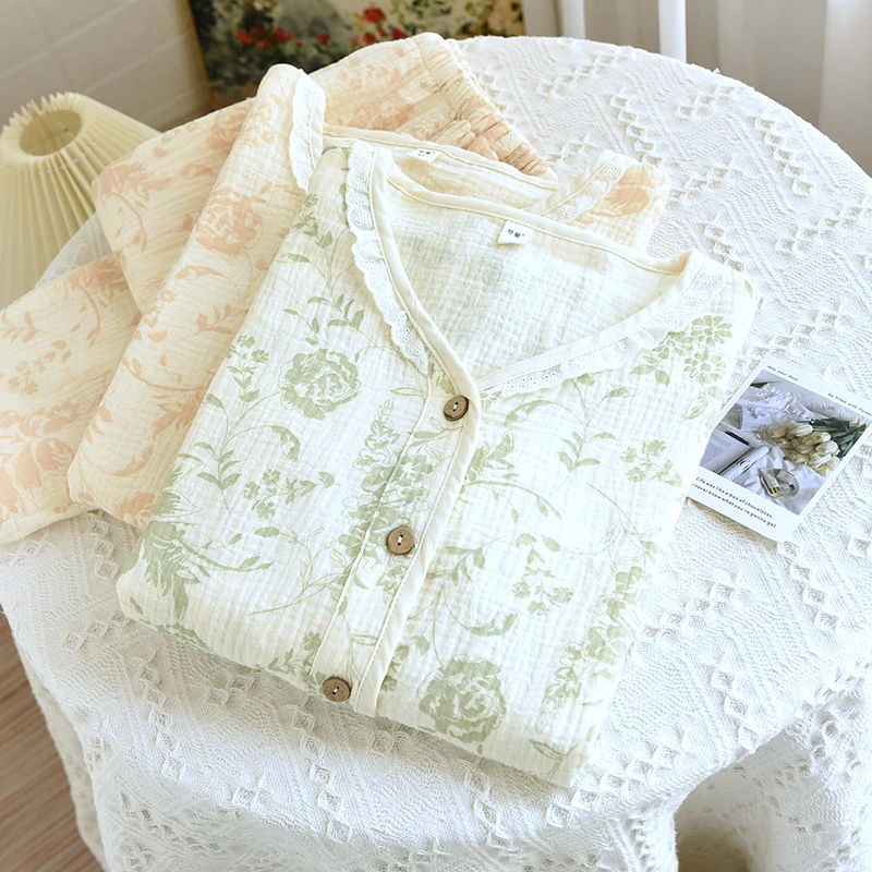 【手绘蔷薇】双层纱睡衣女100%纯棉A类V领宽松吸汗全棉家居服套装