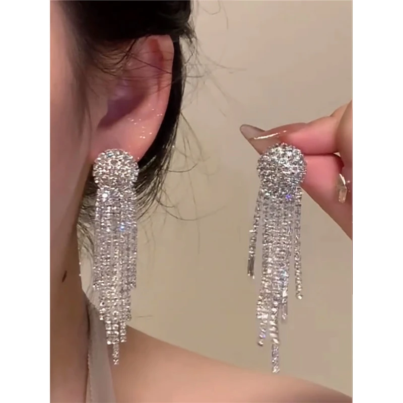 铜合金合成锆石耳饰 超闪满钻流苏耳环女水钻长款耳钉耳坠显瘦